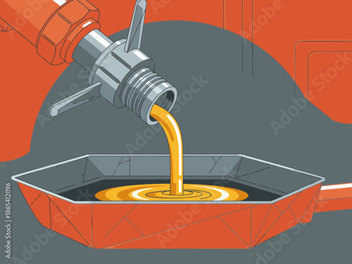 Oil flows into a reservoir, showcasing a renewable energy process. A vibrant orange and gray illustration highlights the transfer and collection of the liquid fuel.