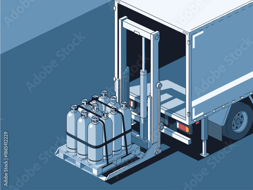 A stylized illustration depicts a truck platform loading cryogenic tanks. Clean lines and a modern aesthetic highlight efficient logistics. Ideal for business and transport themes.