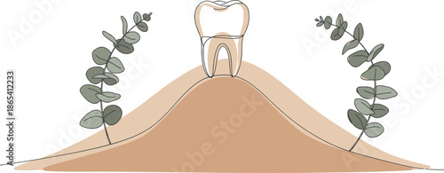 A stylized tooth atop a hill, surrounded by eucalyptus leaves. ?Strong From Within? text. Minimalist, earthy, and inspirational design. Perfect for wellness and health themes.