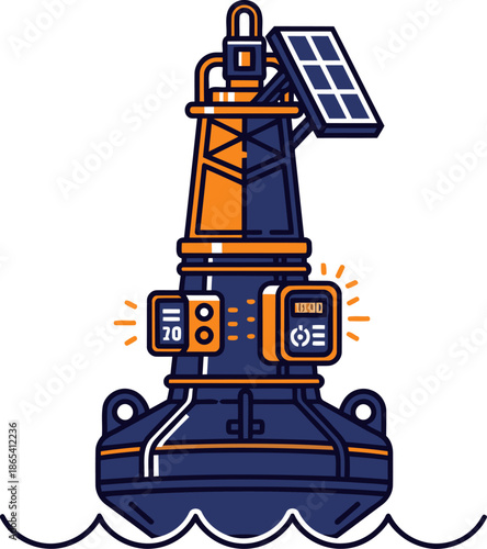 A stylized lighthouse buoy with solar panels, set against a wave. Modern, graphic design, clear and bright. Ideal for nautical or coastal themes.