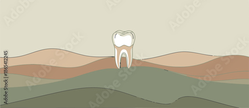 A stylized tooth illustration atop a layered landscape, symbolizing strength from within. Minimalist design with earthy tones and a clear focal point. Suitable for health, wellness, and dental themes.