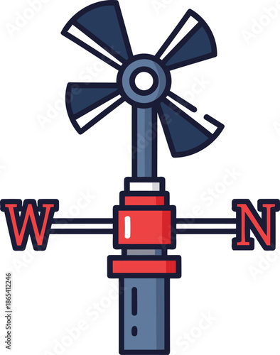 A stylized wind vane with directional markers. Clean, modern design. Ideal for weather, navigation, or outdoor themes. Bold colors and simple illustration.