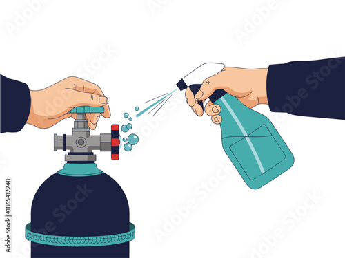 A technician tests a gas cylinder for leaks using a spray bottle. The test passed, showcasing a clear, professional inspection. Clean, bright illustration.