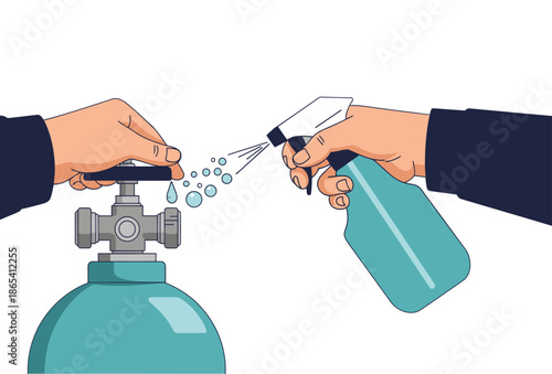 A technician performs a leak test on a gas cylinder valve with a spray bottle. ?Leak Test Passed? label indicates success. Clean, professional illustration.