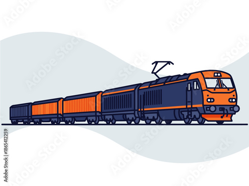 A vibrant electric train travels across a stylized landscape. Bold orange and blue colors create a modern, eye-catching illustration perfect for trade and transport themes.
