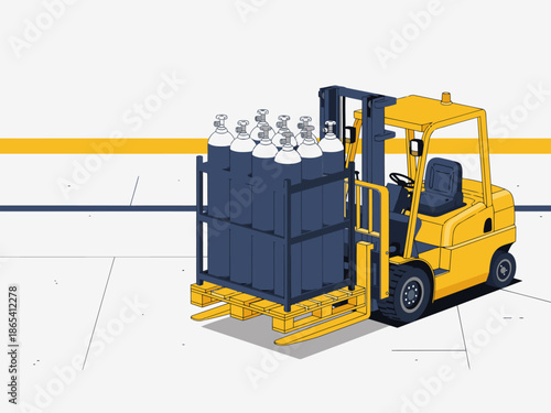 A yellow forklift carefully lifts a pallet of gas cylinders. Clear composition, safe lifting limits highlighted. Professional, industrial setting.