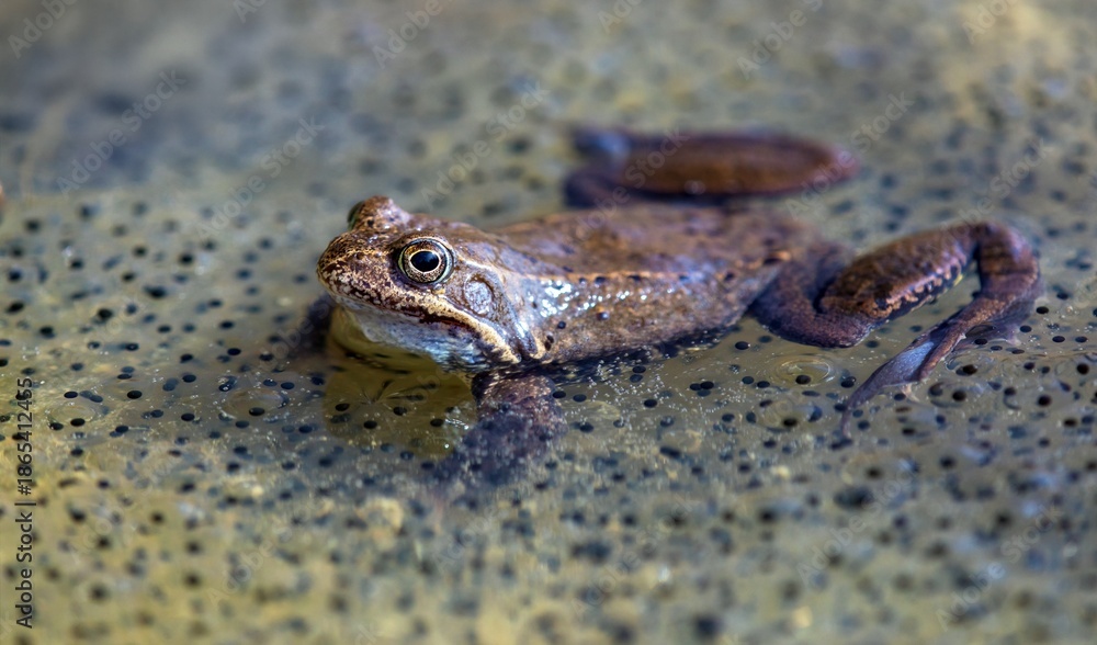 Obraz premium European Common brown Frog Rana temporaria with eggs