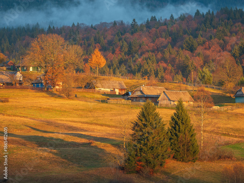 Wallpaper Mural mountains village in Carpathian with cloud about forest in warm sun light Torontodigital.ca