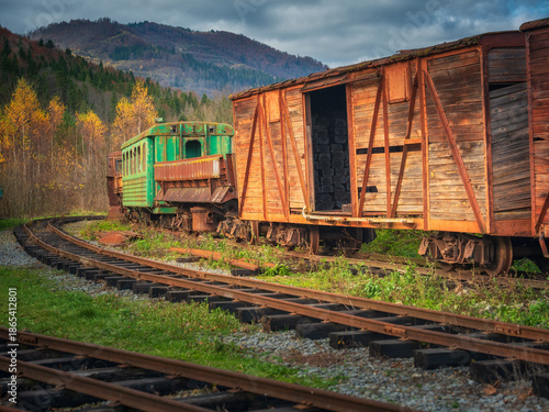 Wallpaper Mural view to old wagons and lines on abandoned rail station in mountains Torontodigital.ca