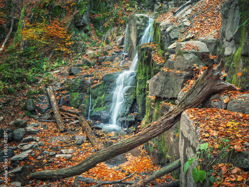 Wallpaper Mural view to mountains waterfall on green moss and stones with fall old tree trunk on foreground Torontodigital.ca