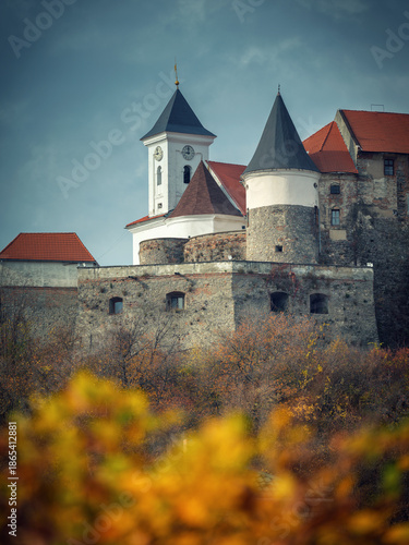 Wallpaper Mural portrait view to towers of church and castle through blurred leaves on foreground Torontodigital.ca