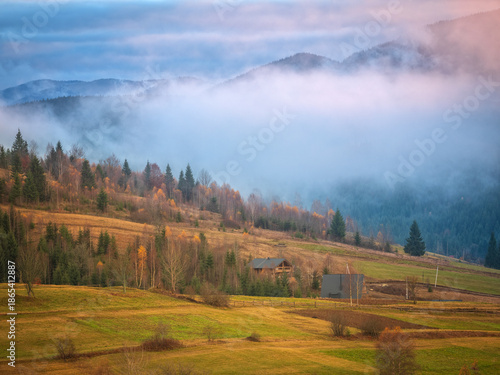 Wallpaper Mural fog in mountains with pink light of sunrise Torontodigital.ca