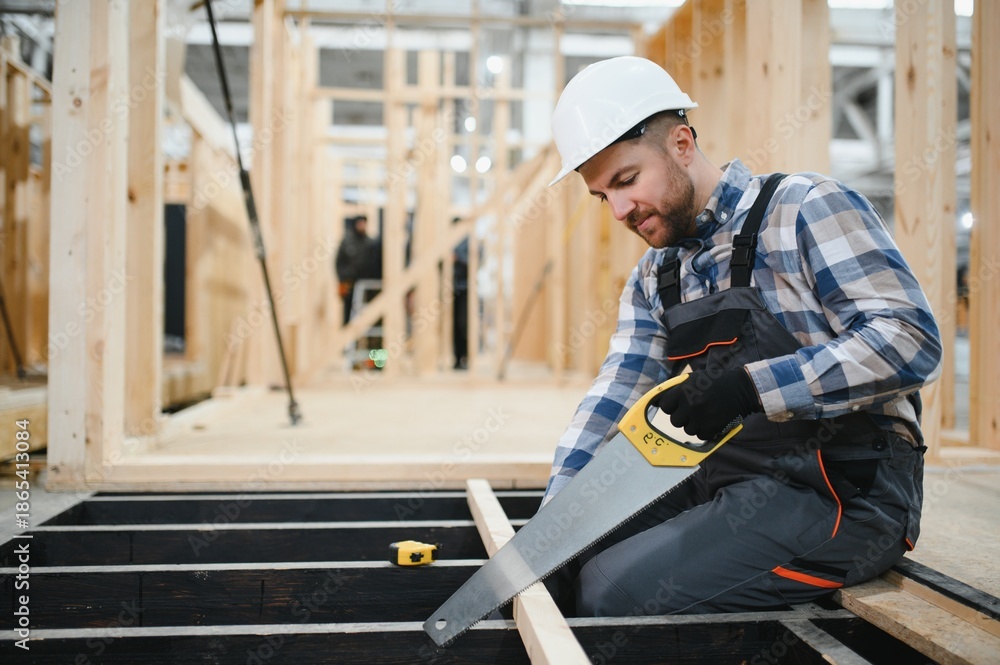 Fototapeta premium Worker carpenter assembling a modular house
