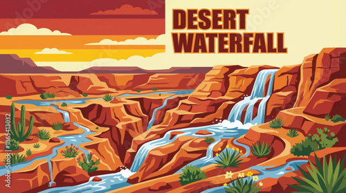 rare desert waterfall appears after rainfall, flowing through arid rock formations and highlighting contrast between water and dry desert terrain
