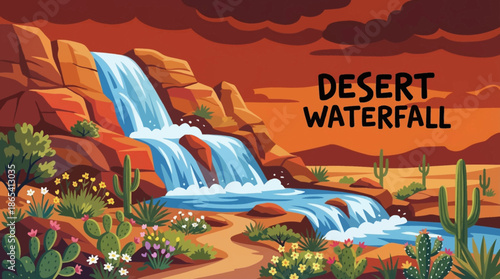 rare desert waterfall appears after rainfall, flowing through arid rock formations and highlighting contrast between water and dry desert terrain
