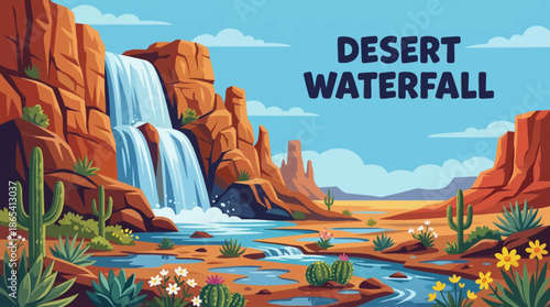 rare desert waterfall appears after rainfall, flowing through arid rock formations and highlighting contrast between water and dry desert terrain