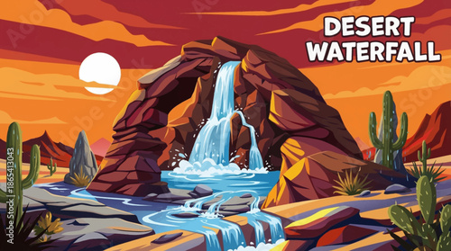 rare desert waterfall appears after rainfall, flowing through arid rock formations and highlighting contrast between water and dry desert terrain