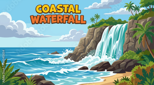 coastal waterfall pours directly into the ocean, combining freshwater motion with seascape elements and dramatic shoreline geology