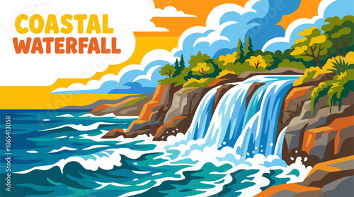 coastal waterfall pours directly into the ocean, combining freshwater motion with seascape elements and dramatic shoreline geology