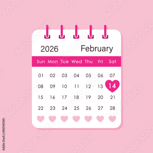 February 14 calendar date highlighted with pink heart on calendar sheet, Valentines day 2026, vector illustration