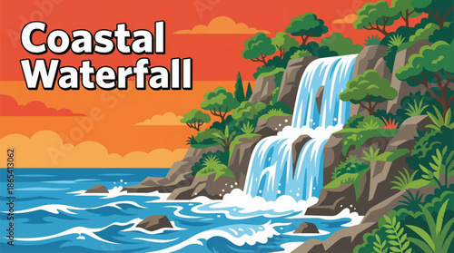 coastal waterfall pours directly into the ocean, combining freshwater motion with seascape elements and dramatic shoreline geology