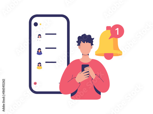 A young man checking his phone with a notification bell and social media icons on the screen