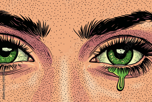 This stock illustration showcases a retro pop art aesthetic, commonly seen in vintage advertisements, where a young girl is shown with tears in her eyes