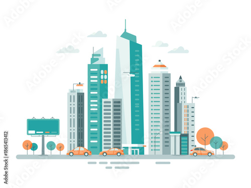 A vibrant cityscape with modern skyscrapers and bustling streets