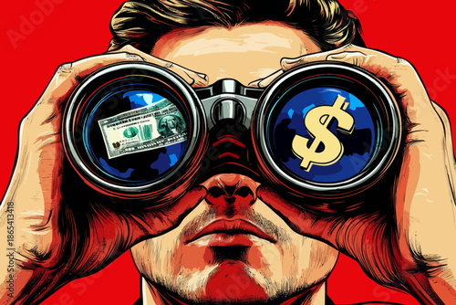 Retro style pop art and vintage advertising serve as the backdrop for a scene featuring a man with binoculars who is monitoring the dollar's exchange rate