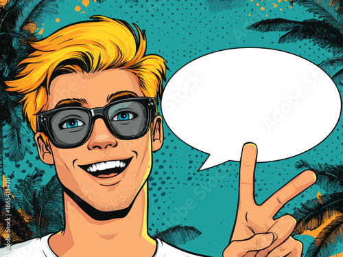 In a pop art comic style illustration, a blond man's mouth is open in surprise
