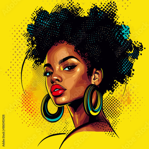 The face of a young sexy Afro-American woman with her mouth open in surprise, presented in a modern background with a pop art comic retro style