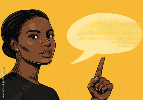 A surprised and sexy young Afro American woman is shown with her mouth open and hand pointing to a speech bubble, illustrated in a retro comic pop art style with a modern colorful background