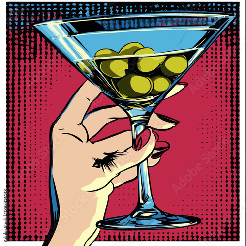A pop art illustration, drawn by hand, shows a woman holding a Martini glass in her hand