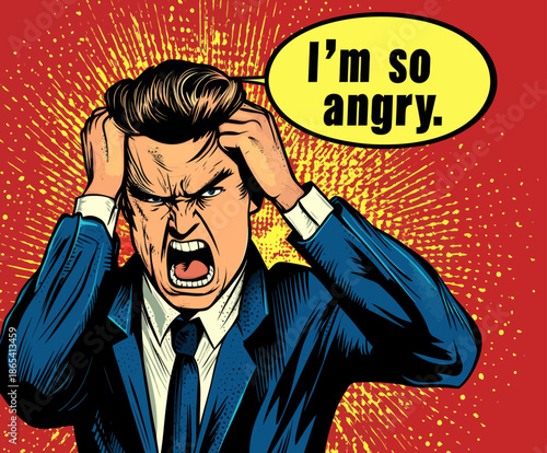 Modern illustration in pop art retro style portrays a businessman in a panic over the financial crisis or failure of his business, accompanied by a speech bubble