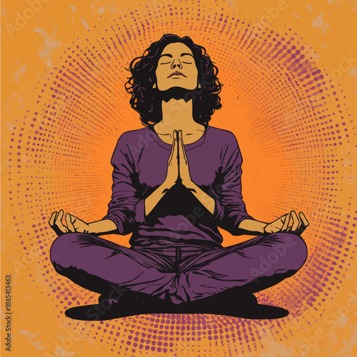 Mental balance and yoga are conceptualized in a retro pop art comic style illustration featuring a meditating woman with a speech bubble