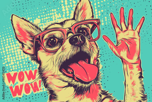 This modern pop art piece features a dog with a surprised and amused expression, complete with glasses, an open mouth, and raised paws, set against a vibrant background