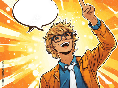 A pop art illustration, executed in a retro comic book style, showcases a surprised young man with glasses, who displays an open smile and a raised index finger, while a speech bubble emanates from
