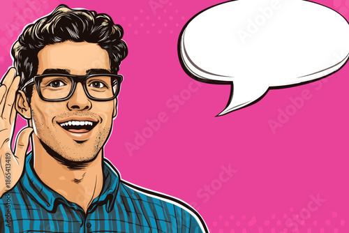 In a modern illustration that blends retro and pop art comic styles, a young man with glasses is shown with a surprised and happy expression, his mouth hanging open
