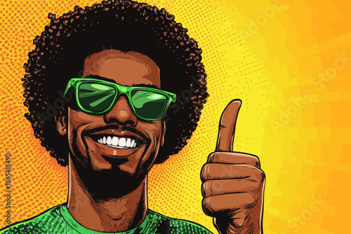 In a colorful pop art retro comic style setting, a surprised, handsome, and happy young African man in glasses shows his approval with a thumb up, open mouth, and accompanying speech bubble, on a