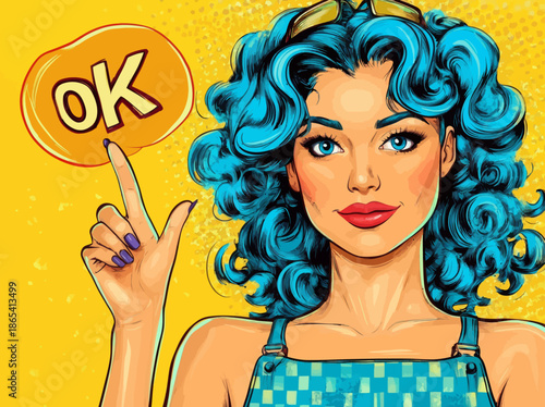 The image depicts a young woman who is sexy, happy, and surprised, making an OK sign and accompanied by a speech bubble, all on a vibrant and modern background that captures the essence of pop art
