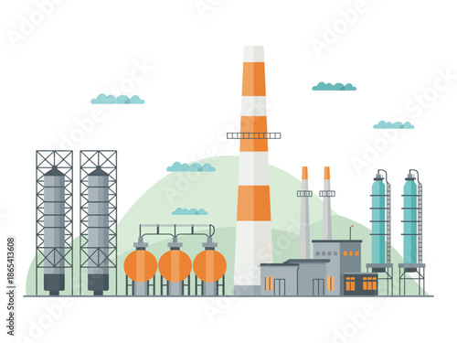 An industrial factory complex with smokestacks and storage tanks set against a green hill