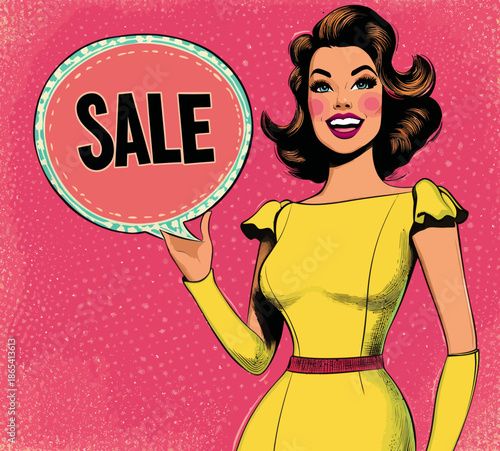 Contemporary pop art illustrates an energetic, sexy woman pondering a sale