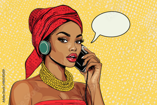 In a pop art representation, a surprised young African woman with glasses and an afro hairstyle is shown holding an old phone handset, her mouth open in astonishment, as a 'Wow' speech bubble