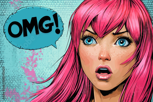 A sexy and surprised young woman with pink hair and an open mouth is illustrated in a pop art style, complete with an OMG speech bubble, and positioned against a bright and modern background that