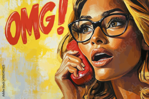 A sexy and surprised young woman in glasses is illustrated in a pop art style, with her mouth open and holding an old phone handset, an OMG! speech bubble emanating from her, all against a vibrant
