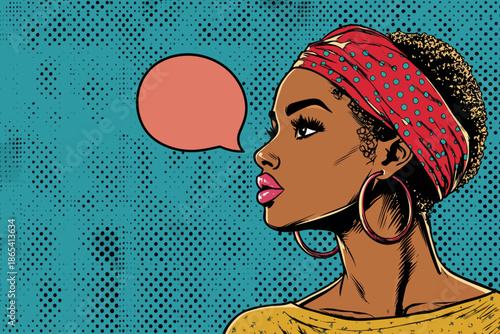 Pop art illustration of a young black woman with a trendy afro hairstyle, adorned with big earrings, and an empty speech bubble, set against a vibrant dotted background in a retro comic style
