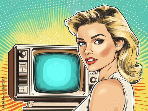 A party invitation is presented through a retro tv set image of a sexy blonde woman, her eyes and mouth wide with surprise, hands raised, and set against a modern comic retro pop art style background