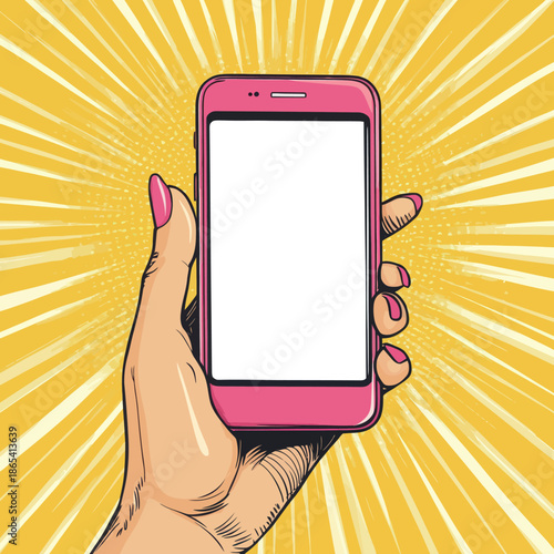The illustration, a modern and colorful hand-drawn artwork in retro comic style, showcases a pop art background where a female hand holds a smartphone with an empty screen ready for your offer