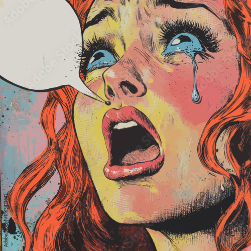 Grief and emotions of a weeping woman in a pop art retro comic style depiction