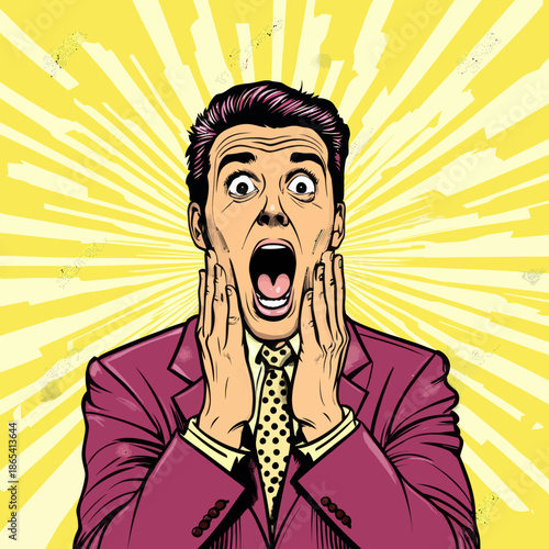 In a poster that resembles a party invitation, a young man wearing a suit and glasses is illustrated in a state of shock, with his hands raised and mouth open, as if screaming some news, all